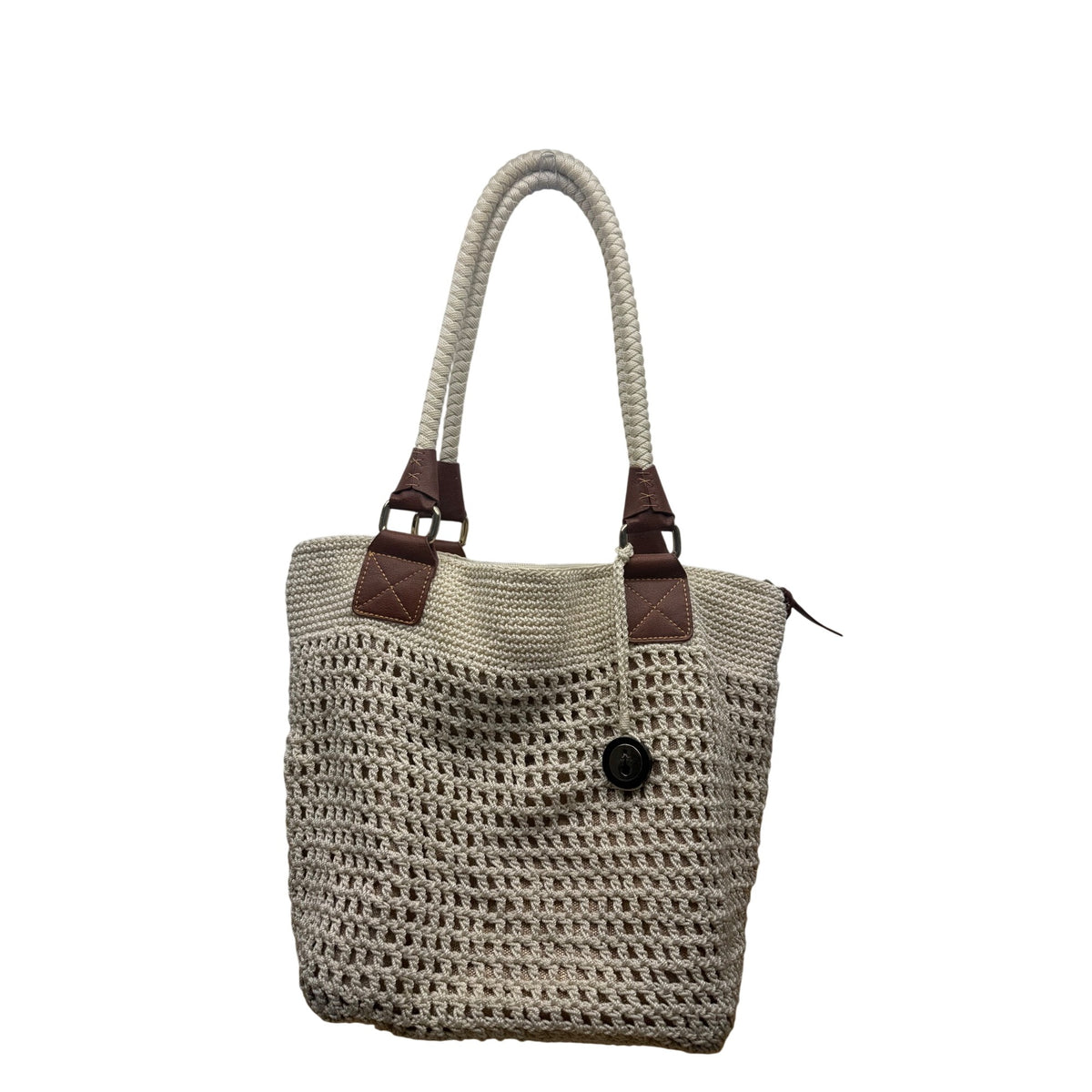 The Sak Womens Beige Crochet Tote Bag With Button & Leather Strap Accents Spacious Design