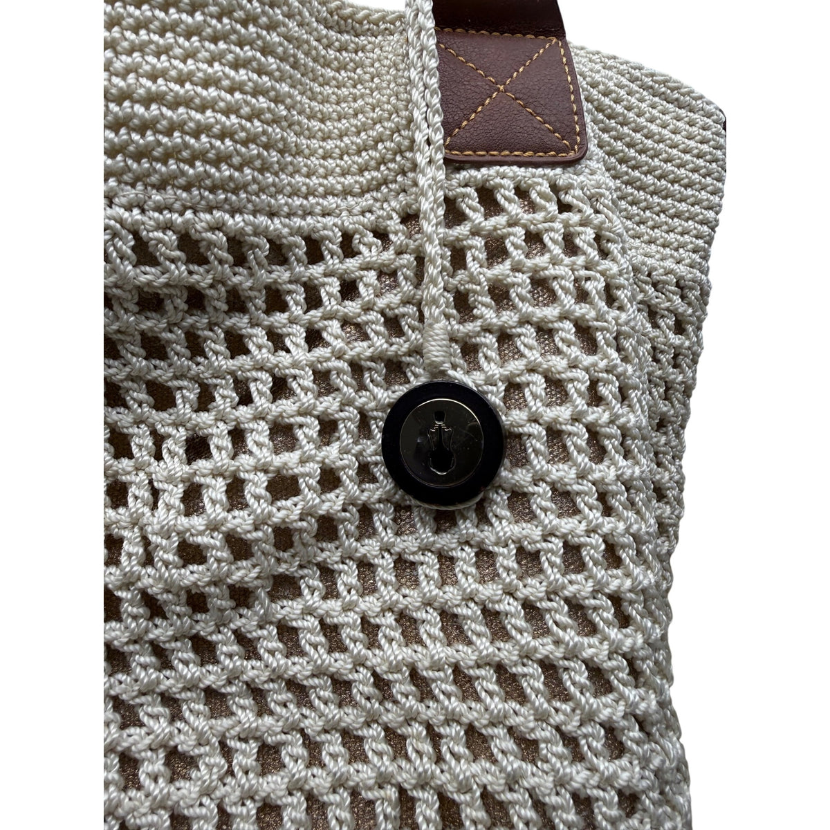 The Sak Womens Beige Crochet Tote Bag With Button & Leather Strap Accents Spacious Design