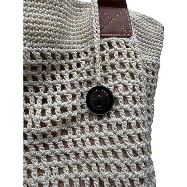 The Sak Womens Beige Crochet Tote Bag With Button & Leather Strap Accents Spacious Design