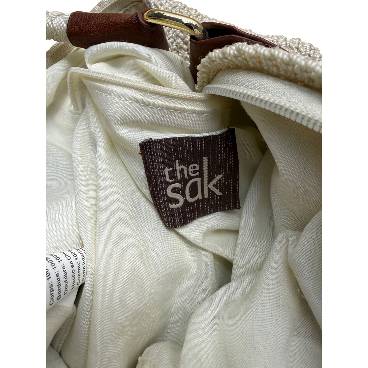 The Sak Womens Beige Crochet Tote Bag With Button & Leather Strap Accents Spacious Design