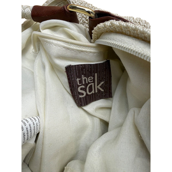 The Sak Womens Beige Crochet Tote Bag With Button & Leather Strap Accents Spacious Design