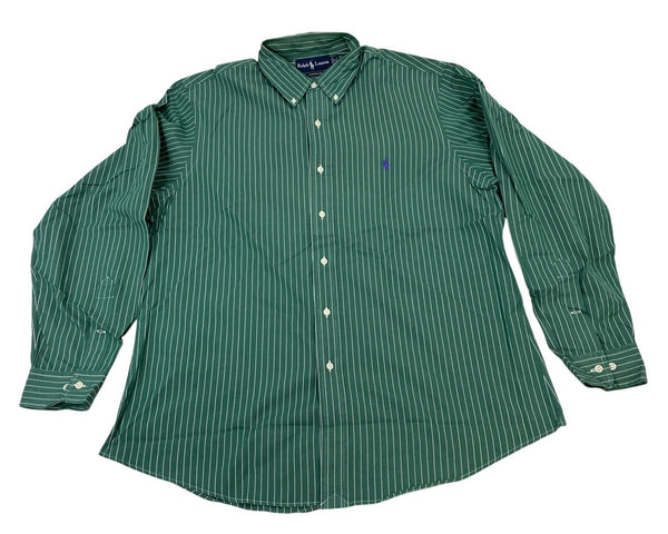 Ralph Lauren Mens Green & White Striped Button-Down Shirt Size 17 34/35
