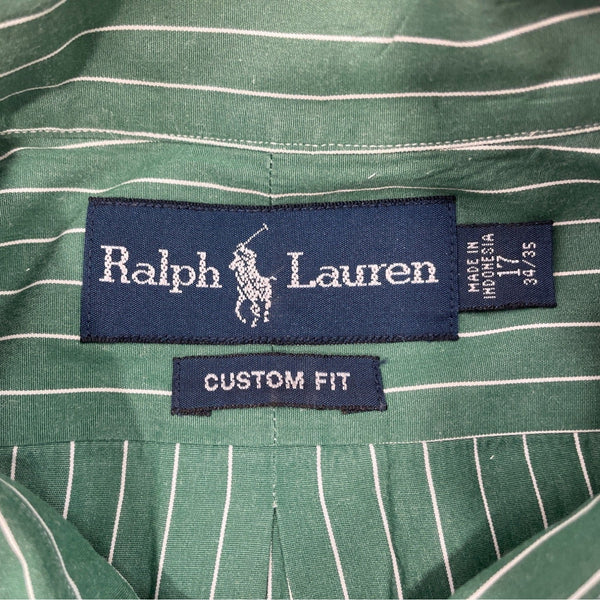 Ralph Lauren Mens Green & White Striped Button-Down Shirt Size 17 34/35