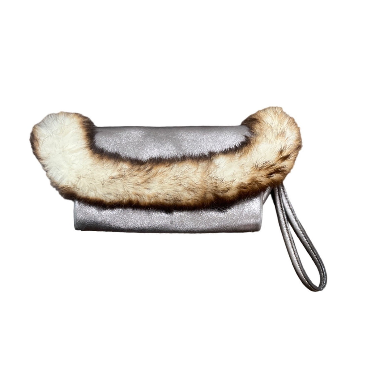 Hype Bags Women's Metallic Pewter Leather Rabbit Fur Wristlet Sz M