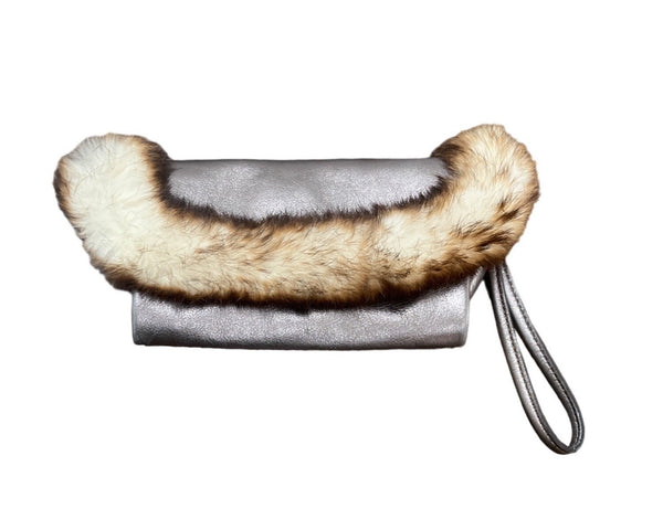 Hype Bags Women's Metallic Pewter Leather Rabbit Fur Wristlet Sz M