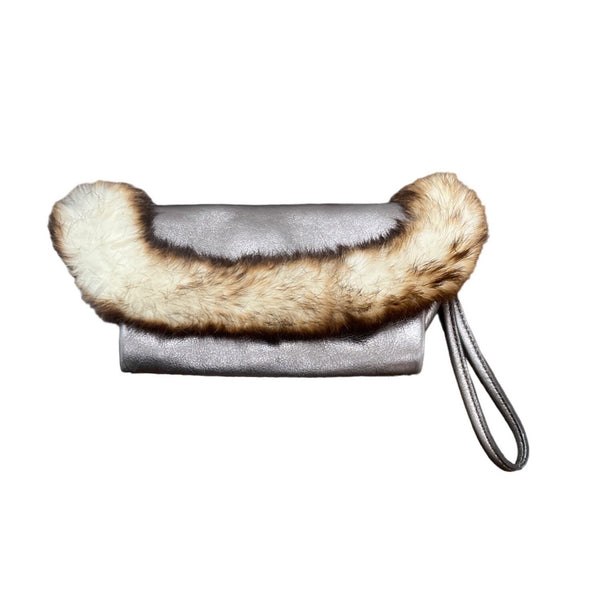 Hype Bags Women's Metallic Pewter Leather Rabbit Fur Wristlet Sz M