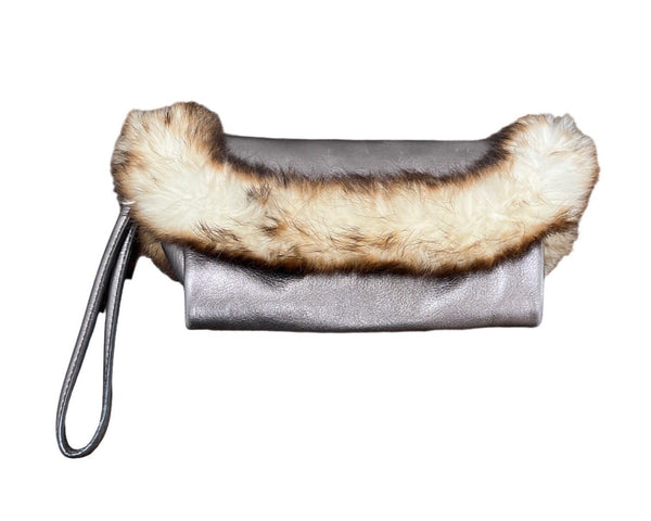Hype Bags Women's Metallic Pewter Leather Rabbit Fur Wristlet Sz M