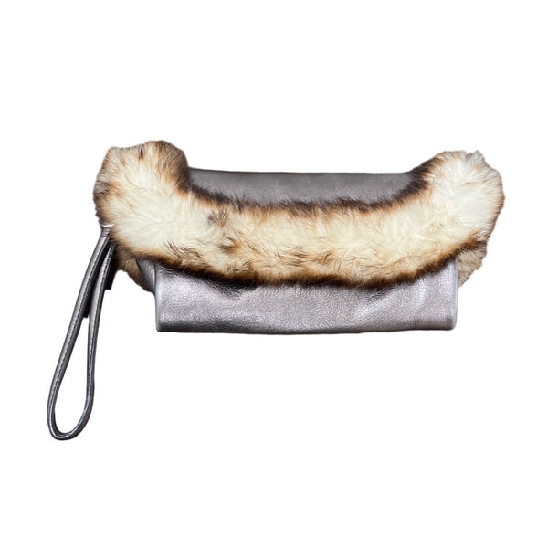 Hype Bags Women's Metallic Pewter Leather Rabbit Fur Wristlet Sz M