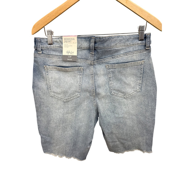 Style & Co Womens Light Blue Denim Bermuda Shorts Embroidered Mid Rise Raw Edge 10P