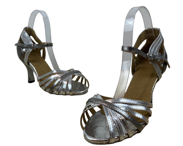 Handcrafted Women’s Silver Adjustable Ankle Strap Open Toe Dance Heels Size 8