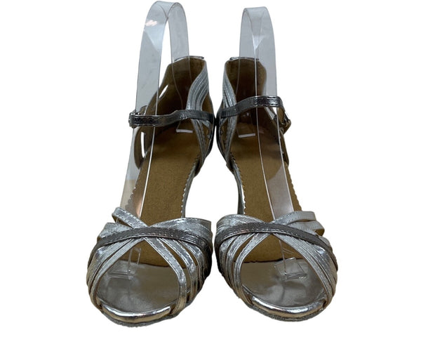 Handcrafted Women’s Silver Adjustable Ankle Strap Open Toe Dance Heels Size 8