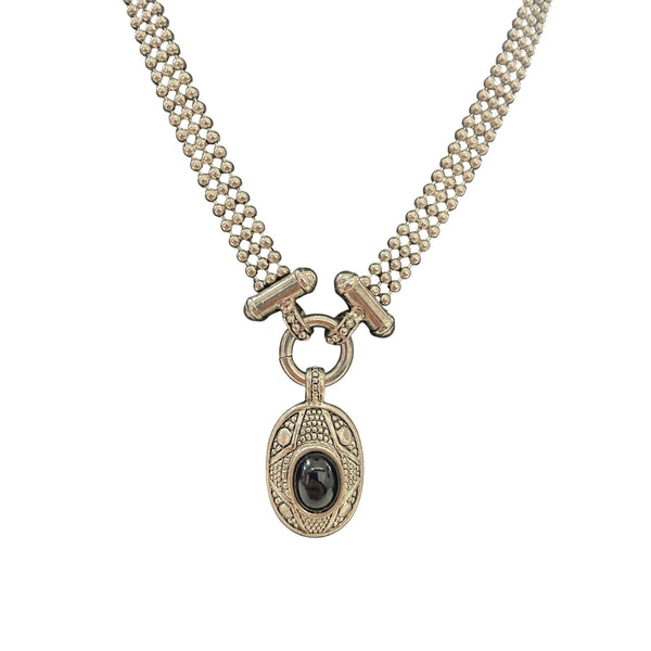 Vintage Silver Tone Womens Pendant Necklace With Black Stone & Detailed Chain