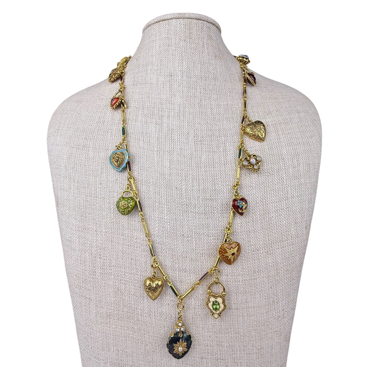 Joan Rivers Gold Tone Charm Necklace Enamel Heart Lockets Vintage Style Chain