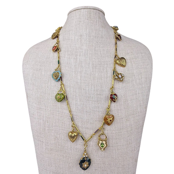 Joan Rivers Gold Tone Charm Necklace Enamel Heart Lockets Vintage Style Chain