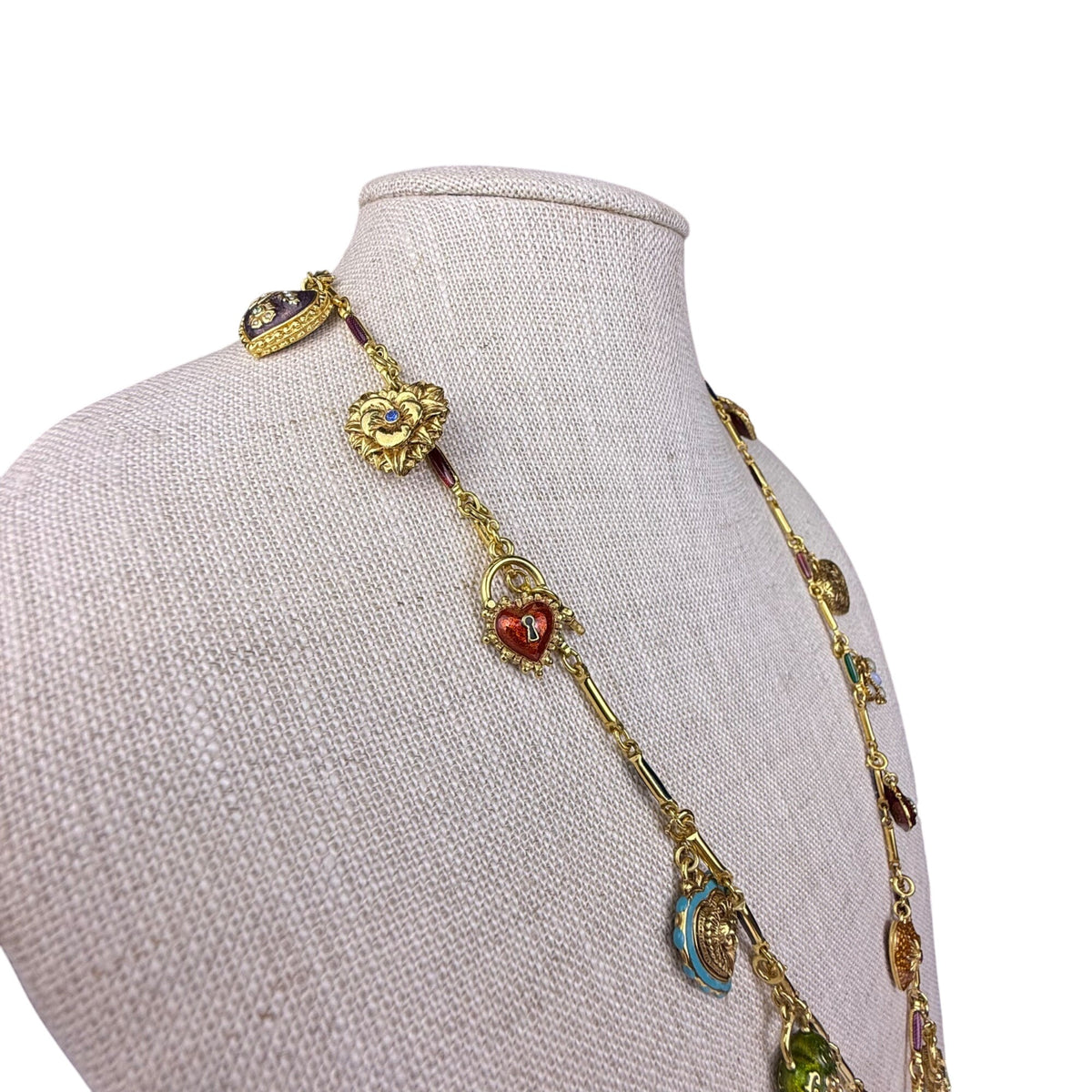 Joan Rivers Gold Tone Charm Necklace Enamel Heart Lockets Vintage Style Chain