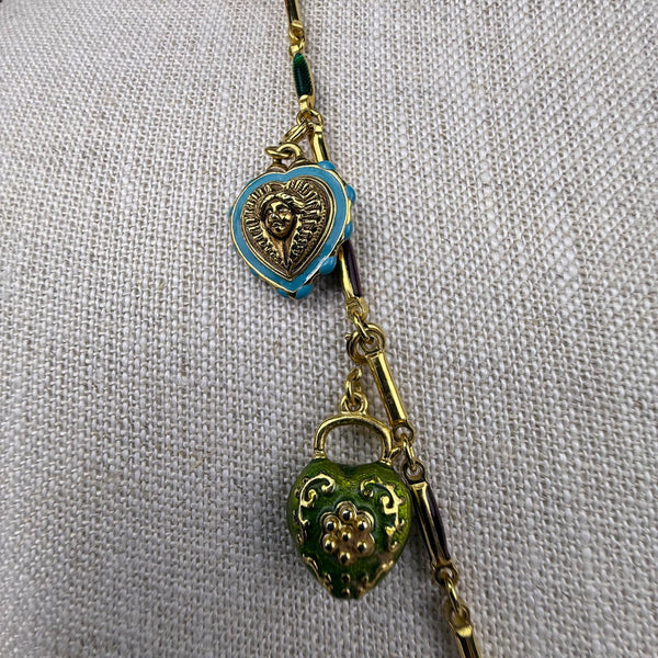 Joan Rivers Gold Tone Charm Necklace Enamel Heart Lockets Vintage Style Chain