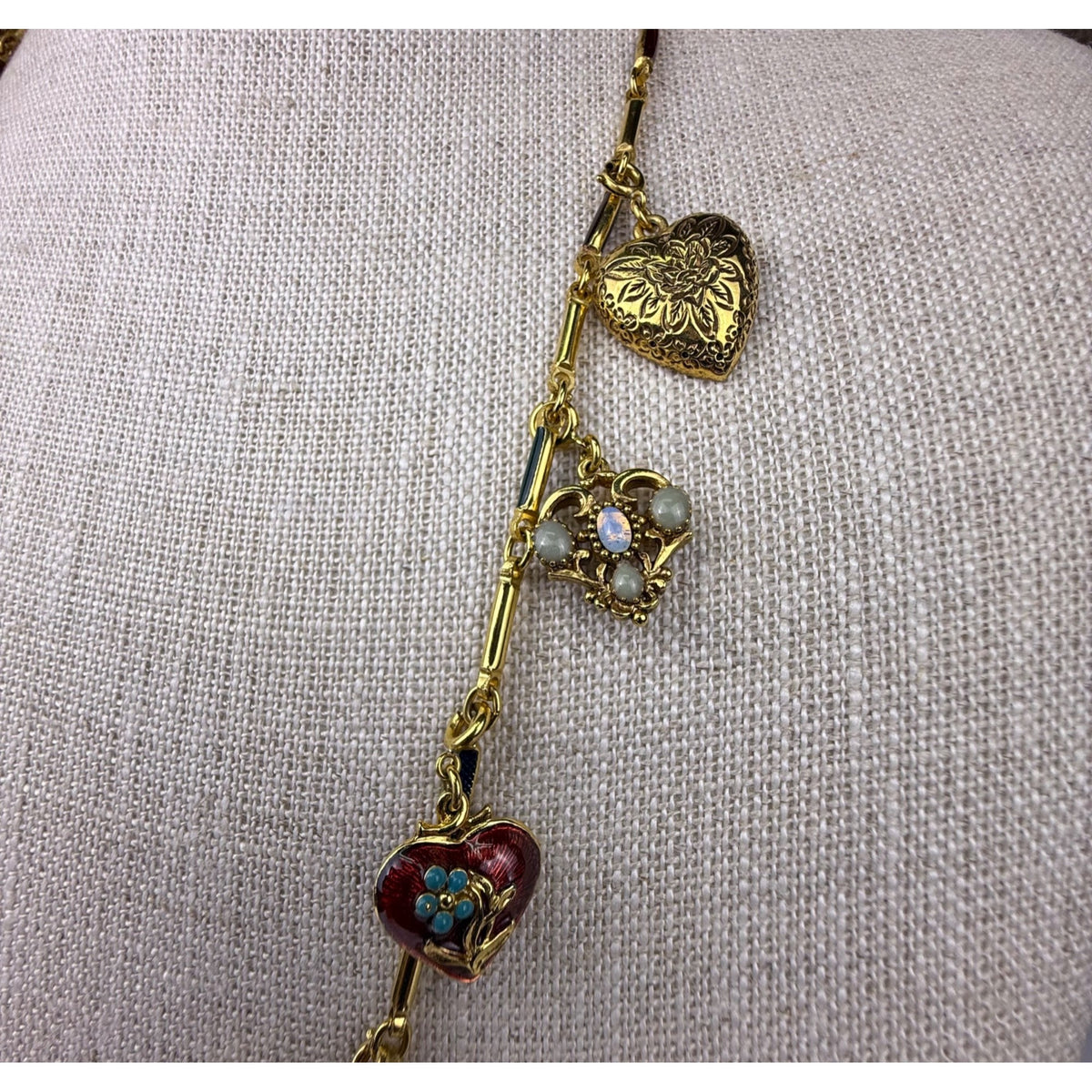 Joan Rivers Gold Tone Charm Necklace Enamel Heart Lockets Vintage Style Chain