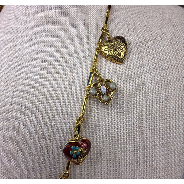 Joan Rivers Gold Tone Charm Necklace Enamel Heart Lockets Vintage Style Chain