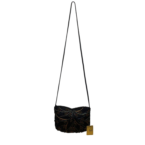 Magid Women’s Black Embroidered Beads Satin Crossbody Strap Mini Evening Bag