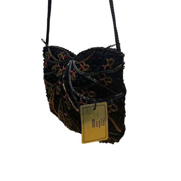 Magid Women’s Black Embroidered Beads Satin Crossbody Strap Mini Evening Bag