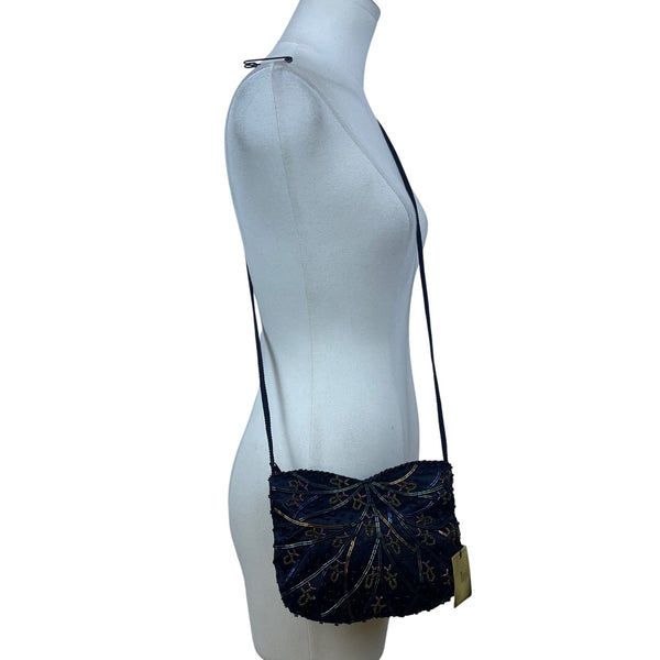 Magid Women’s Black Embroidered Beads Satin Crossbody Strap Mini Evening Bag
