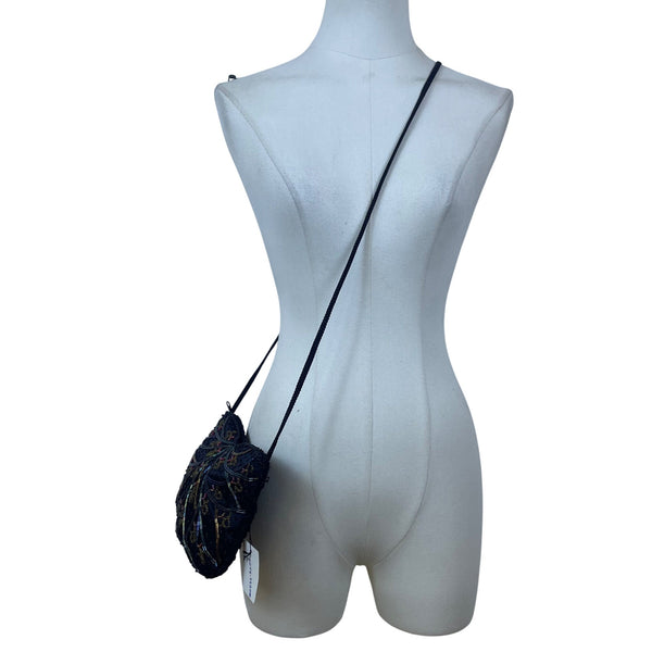 Magid Women’s Black Embroidered Beads Satin Crossbody Strap Mini Evening Bag