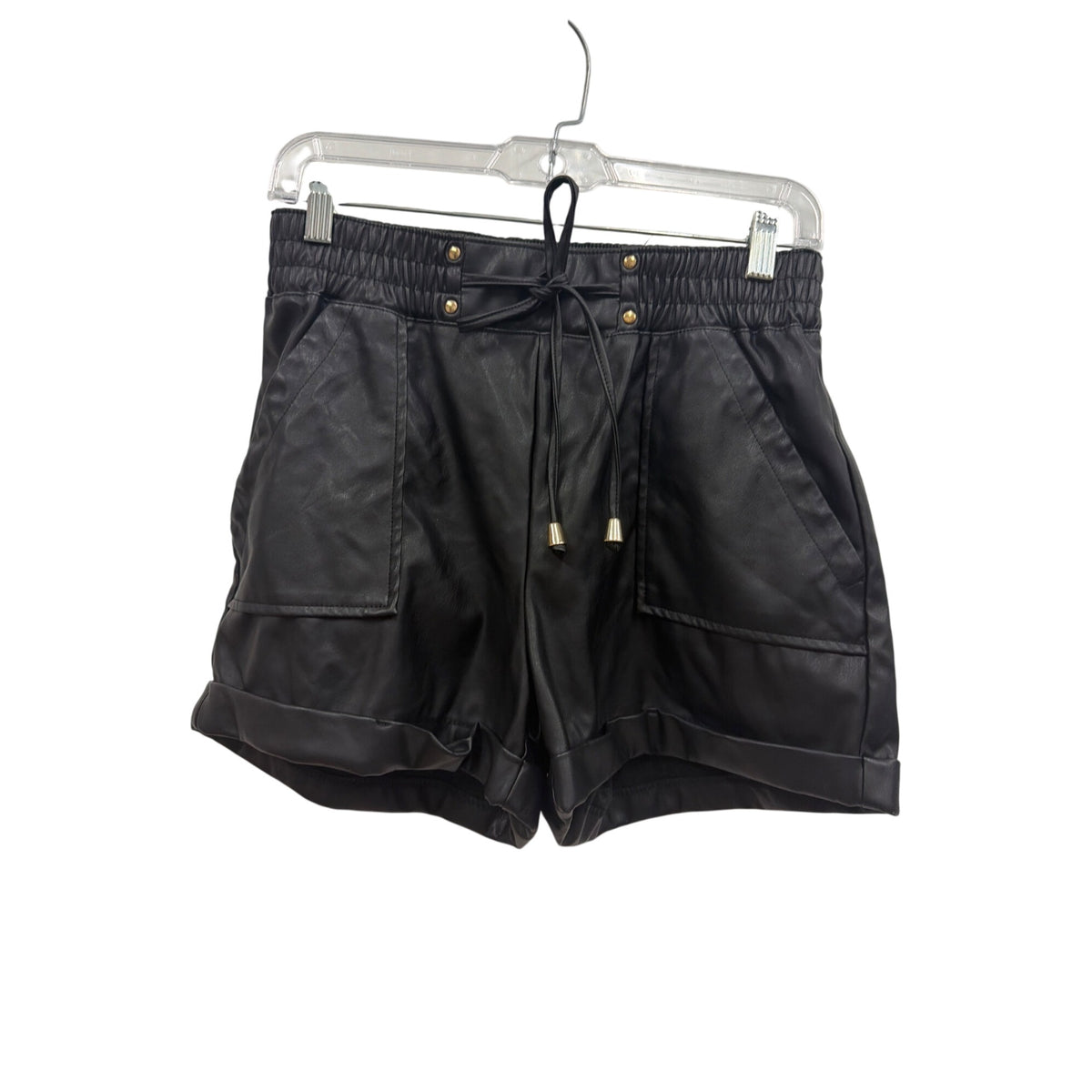 Cisono Womens Black Faux Leather Shorts With Front Pockets & Elastic Waistband Size M