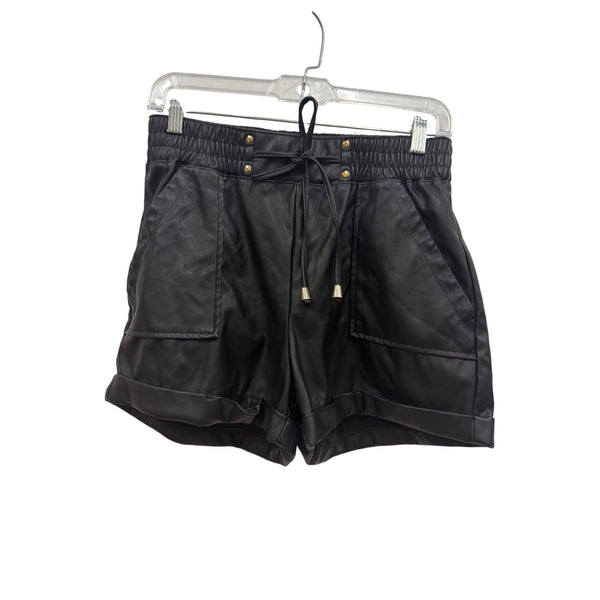 Cisono Womens Black Faux Leather Shorts With Front Pockets & Elastic Waistband Size M