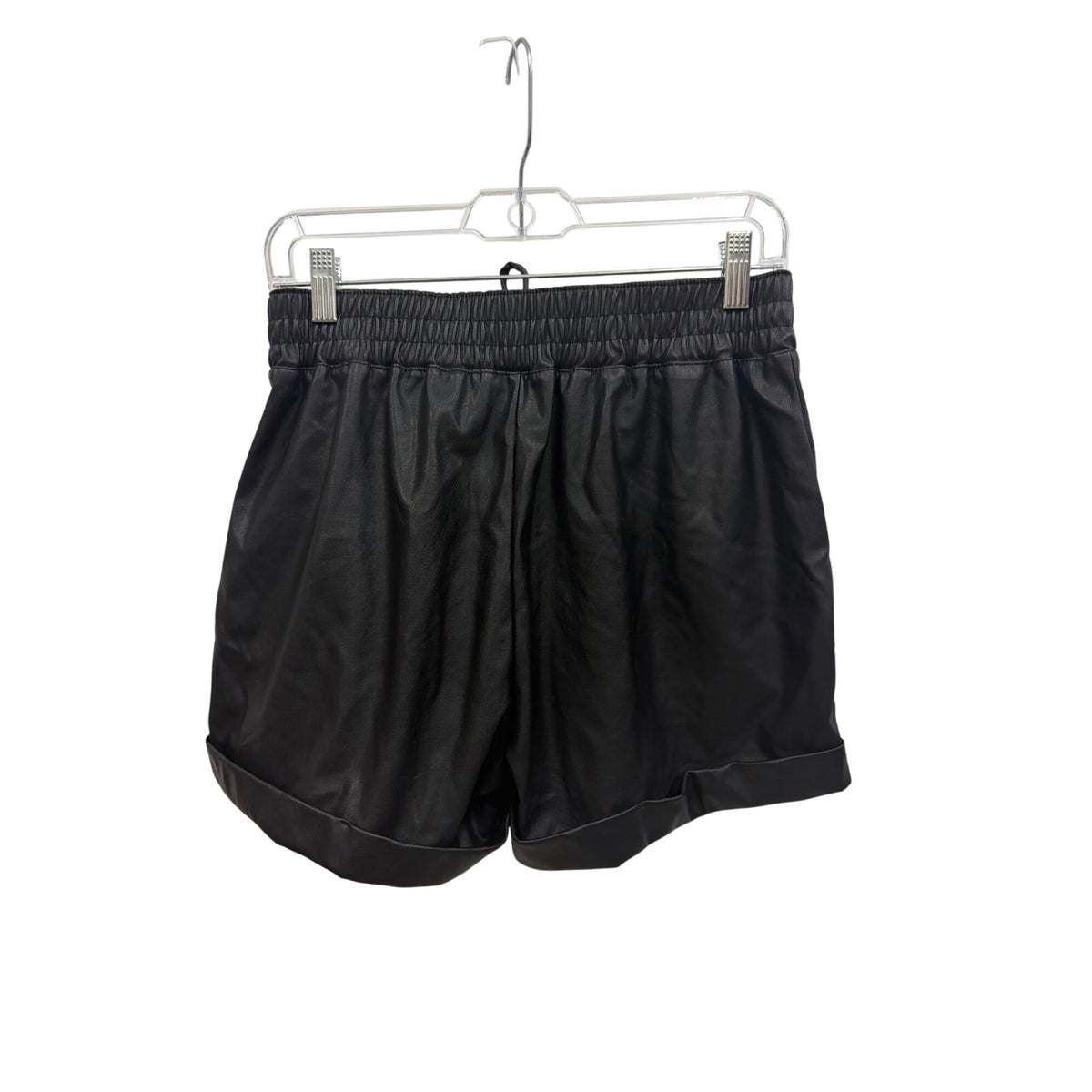 Cisono Womens Black Faux Leather Shorts With Front Pockets & Elastic Waistband Size M