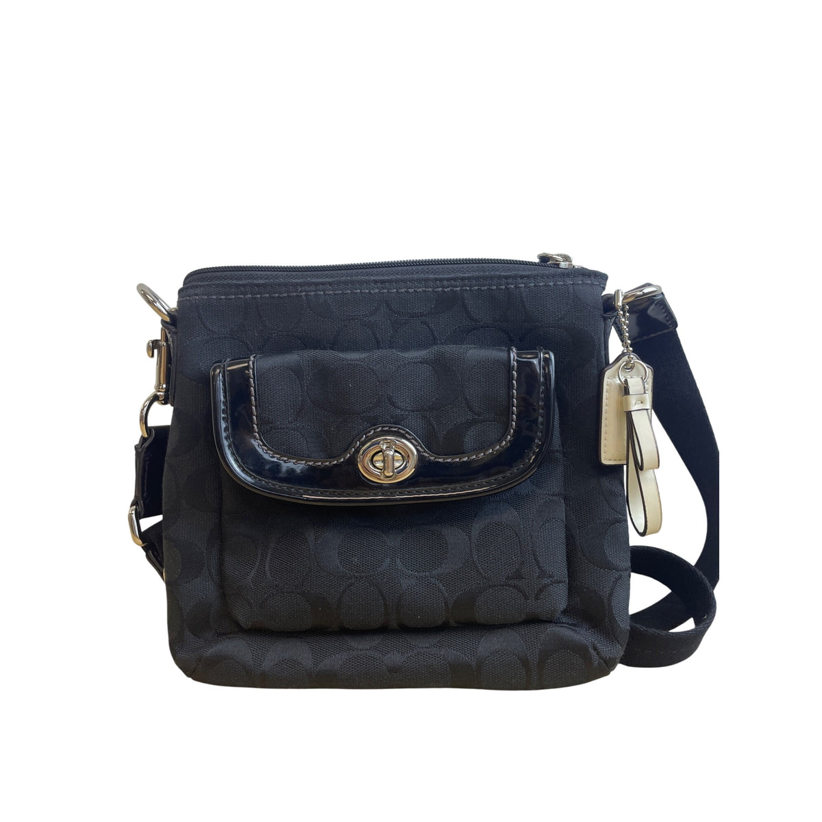 Coach Womens Black Signature Fabric Crossbody Bag With Front Turnlock Pocket