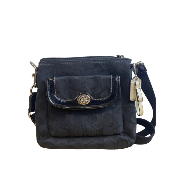 Coach Womens Black Signature Fabric Crossbody Bag With Front Turnlock Pocket