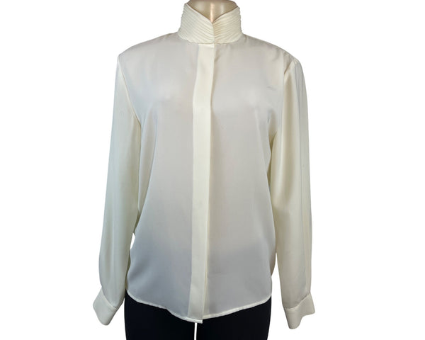 Vintage Talbots Women’s Ivory Long Sleeve Blouse With Pleated High Collar Size 4