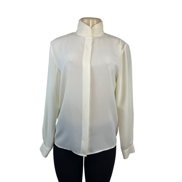 Vintage Talbots Womenβs Ivory Long Sleeve Blouse With Pleated High Collar Size