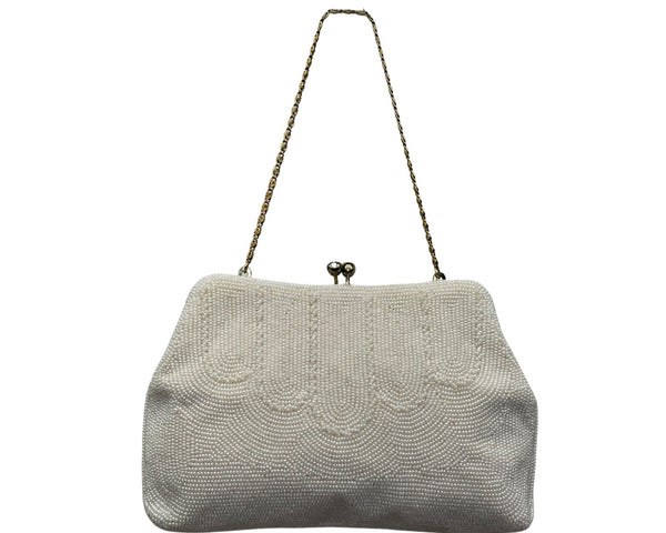 Vintage Safco Bag White Beaded With Chain Handle & Kiss Lock Clutch Size S