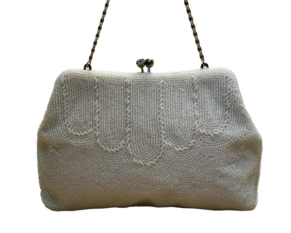 Vintage Safco Bag White Beaded With Chain Handle & Kiss Lock Clutch Size S