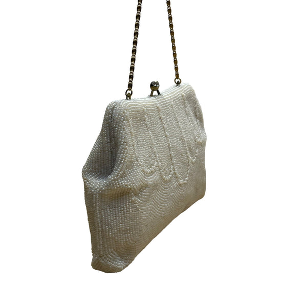 Vintage Safco Bag White Beaded With Chain Handle & Kiss Lock Clutch Size S