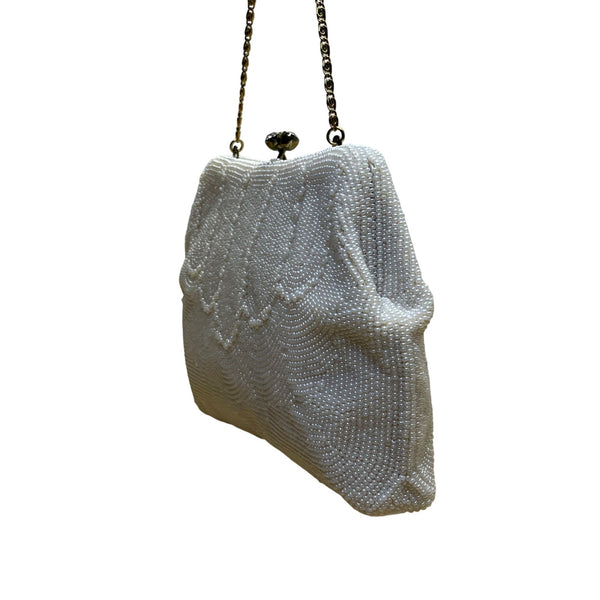 Vintage Safco Bag White Beaded With Chain Handle & Kiss Lock Clutch Size S