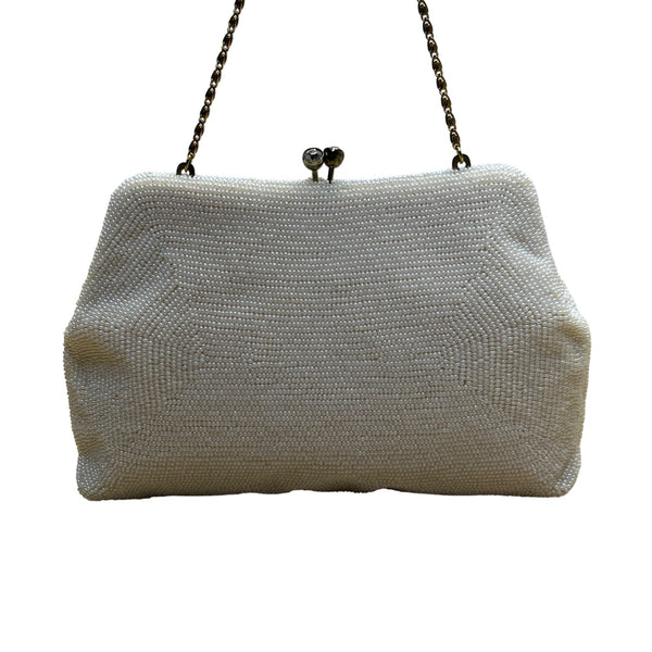Vintage Safco Bag White Beaded With Chain Handle & Kiss Lock Clutch Size S
