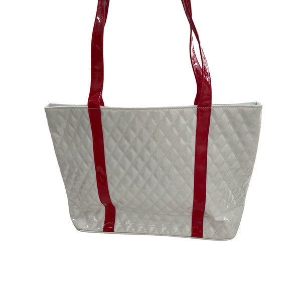 Quilted White & Red Tote Bag With Long Straps