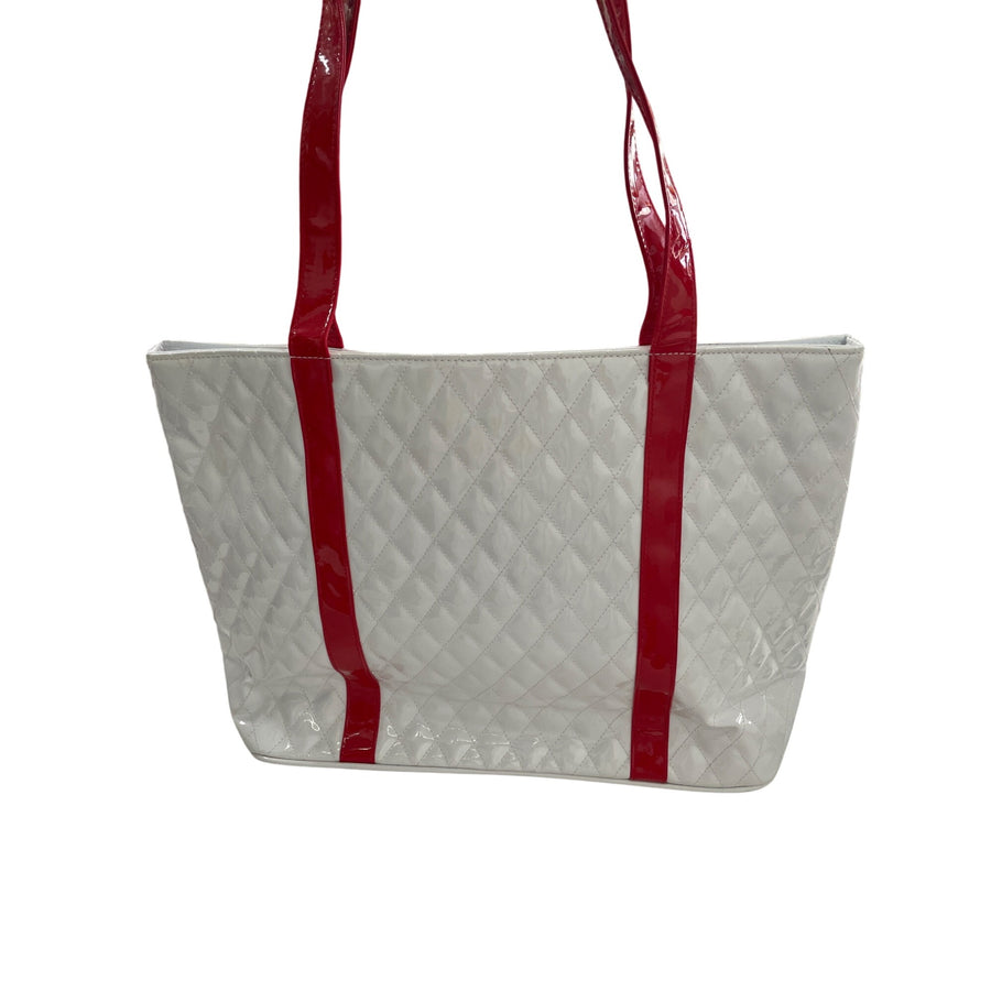 Quilted White & Red Tote Bag With Long Straps