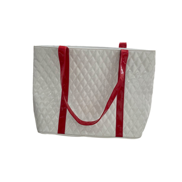 Quilted White & Red Tote Bag With Long Straps