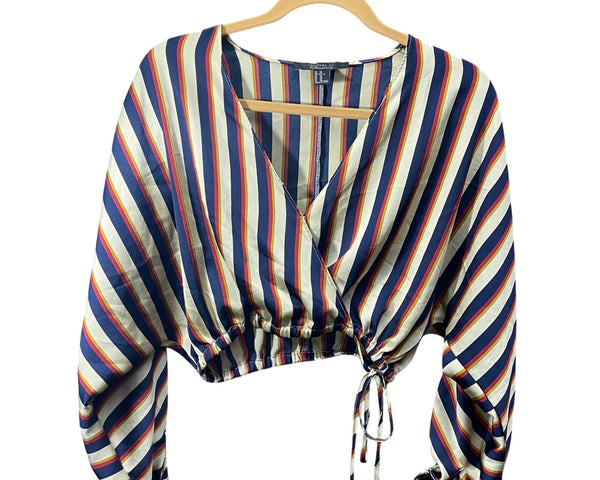 Forever 21 Womens Multicolor Striped Long Sleeve Tie-Waist Crop Top XS