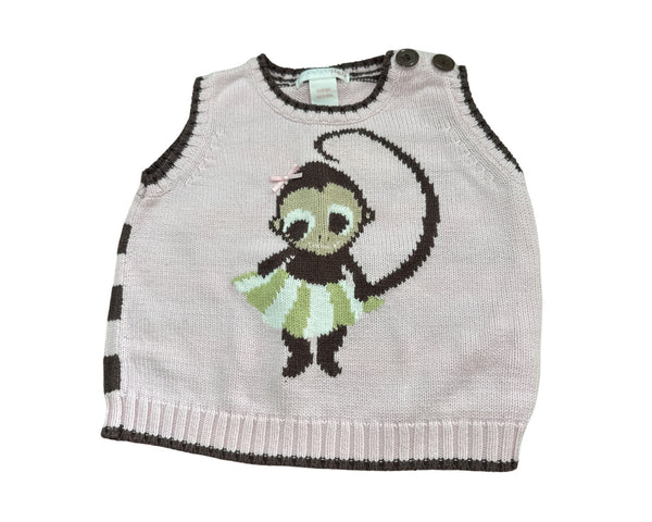 H&M Baby Girls Pink & Brown Knit Sleeveless Vest Monkey Design Size 9-12 Months