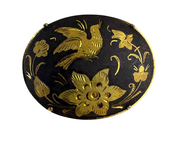Vintage Floral Bird Decorative Enamel Pin Brooch Gold Tone Black Oval Accessory