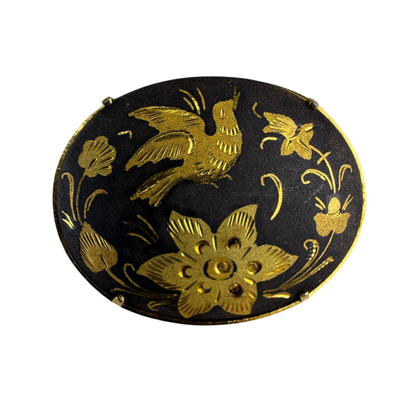 Vintage Floral Bird Decorative Enamel Pin Brooch Gold Tone Black Oval Accessory