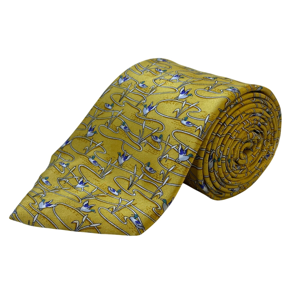 Museum Artifacts Mens Yellow All Silk Duck Pond Print Tie 56" Neckwear Patterned