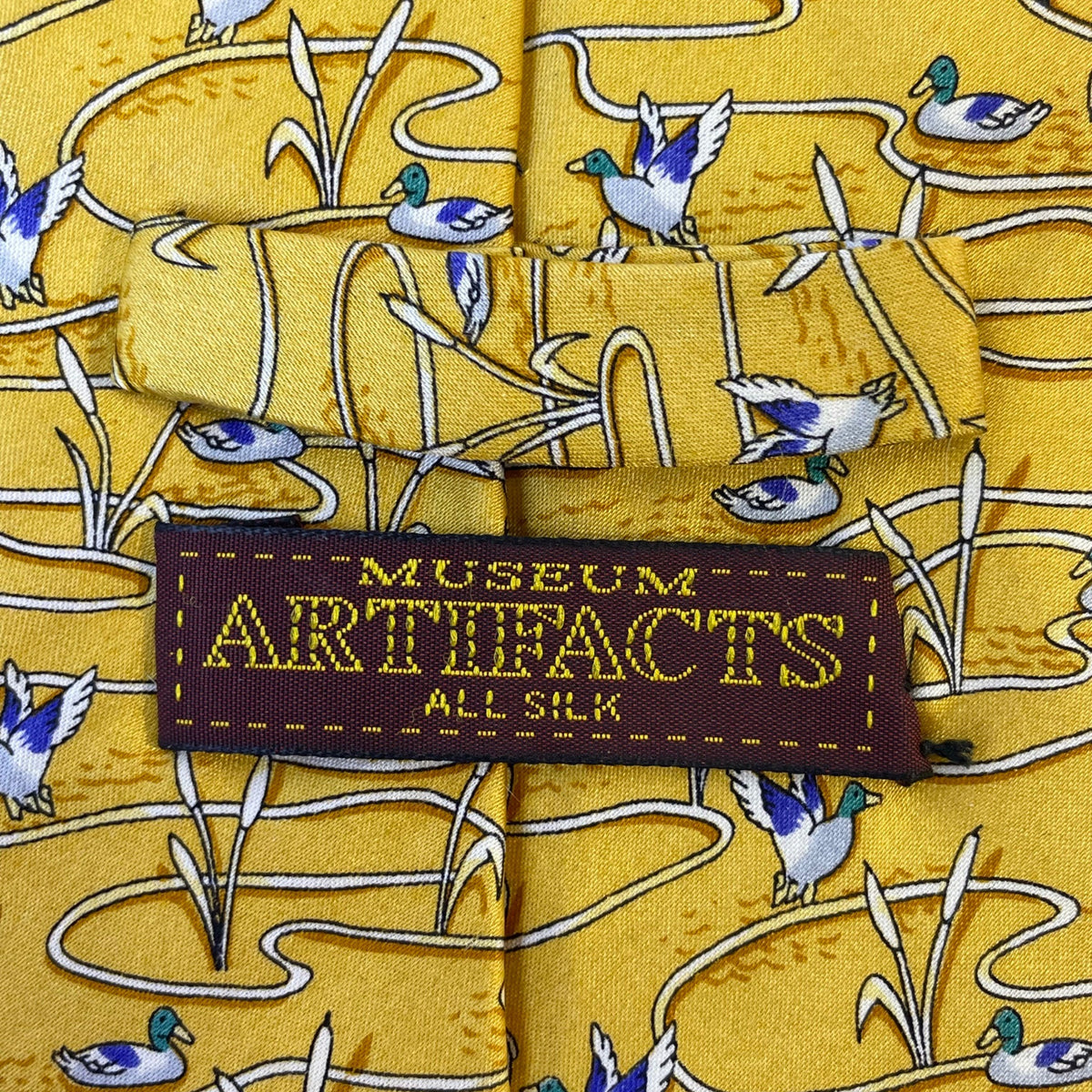 Museum Artifacts Mens Yellow All Silk Duck Pond Print Tie 56" Neckwear Patterned