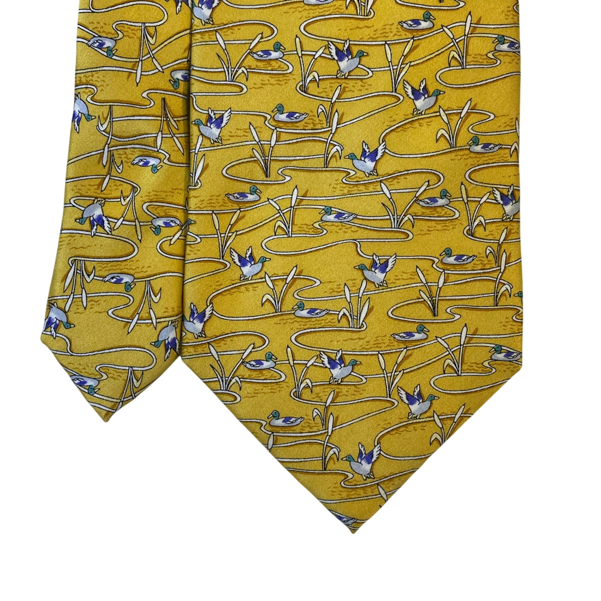Museum Artifacts Mens Yellow All Silk Duck Pond Print Tie 56" Neckwear Patterned