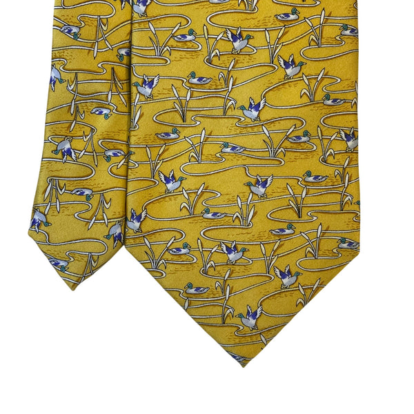Museum Artifacts Mens Yellow All Silk Duck Pond Print Tie 56" Neckwear Patterned