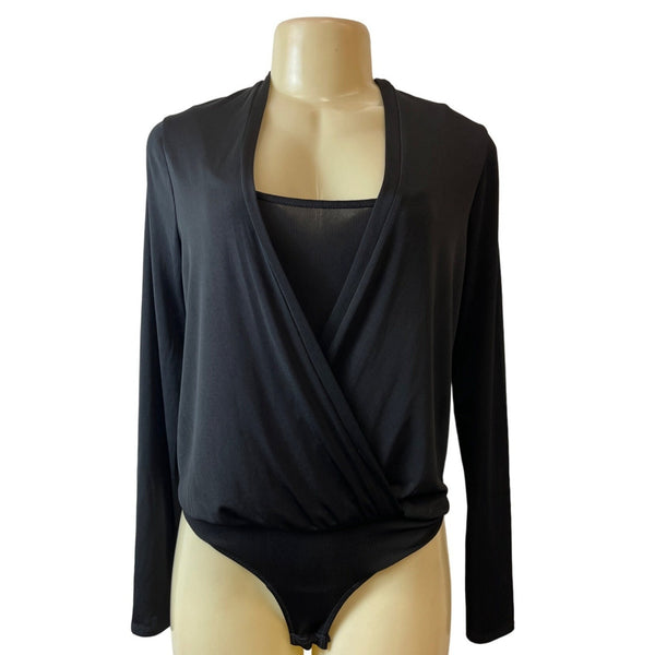 BCBG Maxazria Women's Black Crossover Long Sleeved Bodysuit Sz S- NWT
